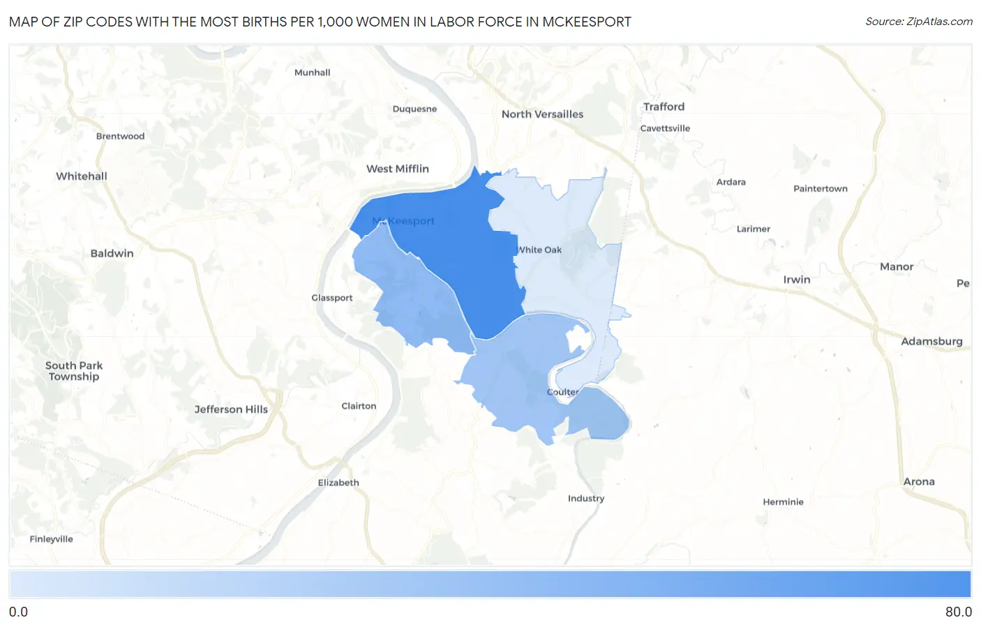 Zip Codes with the Most Births per 1,000 Women in Labor Force in Mckeesport Map
