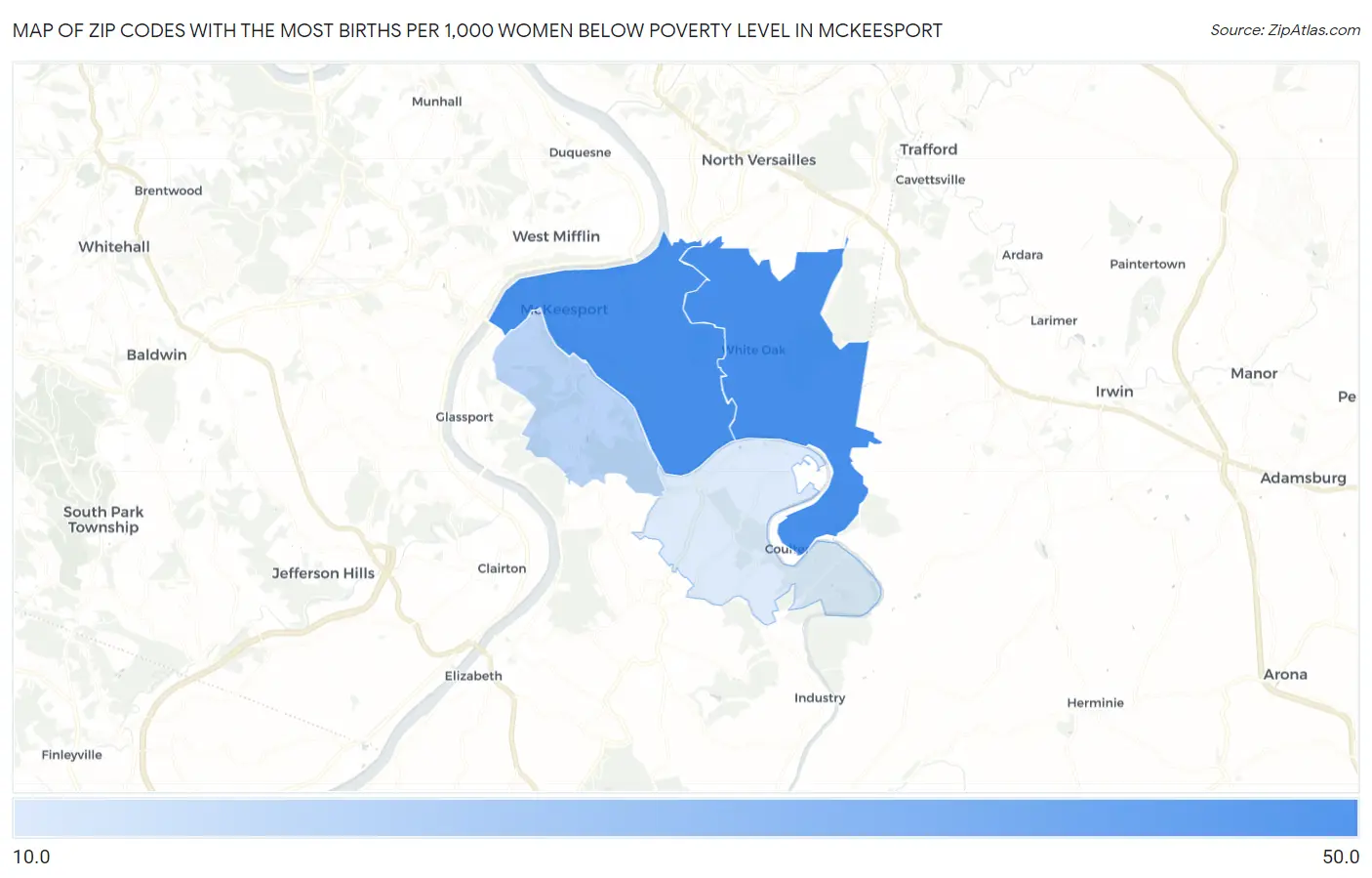 Zip Codes with the Most Births per 1,000 Women Below Poverty Level in Mckeesport Map