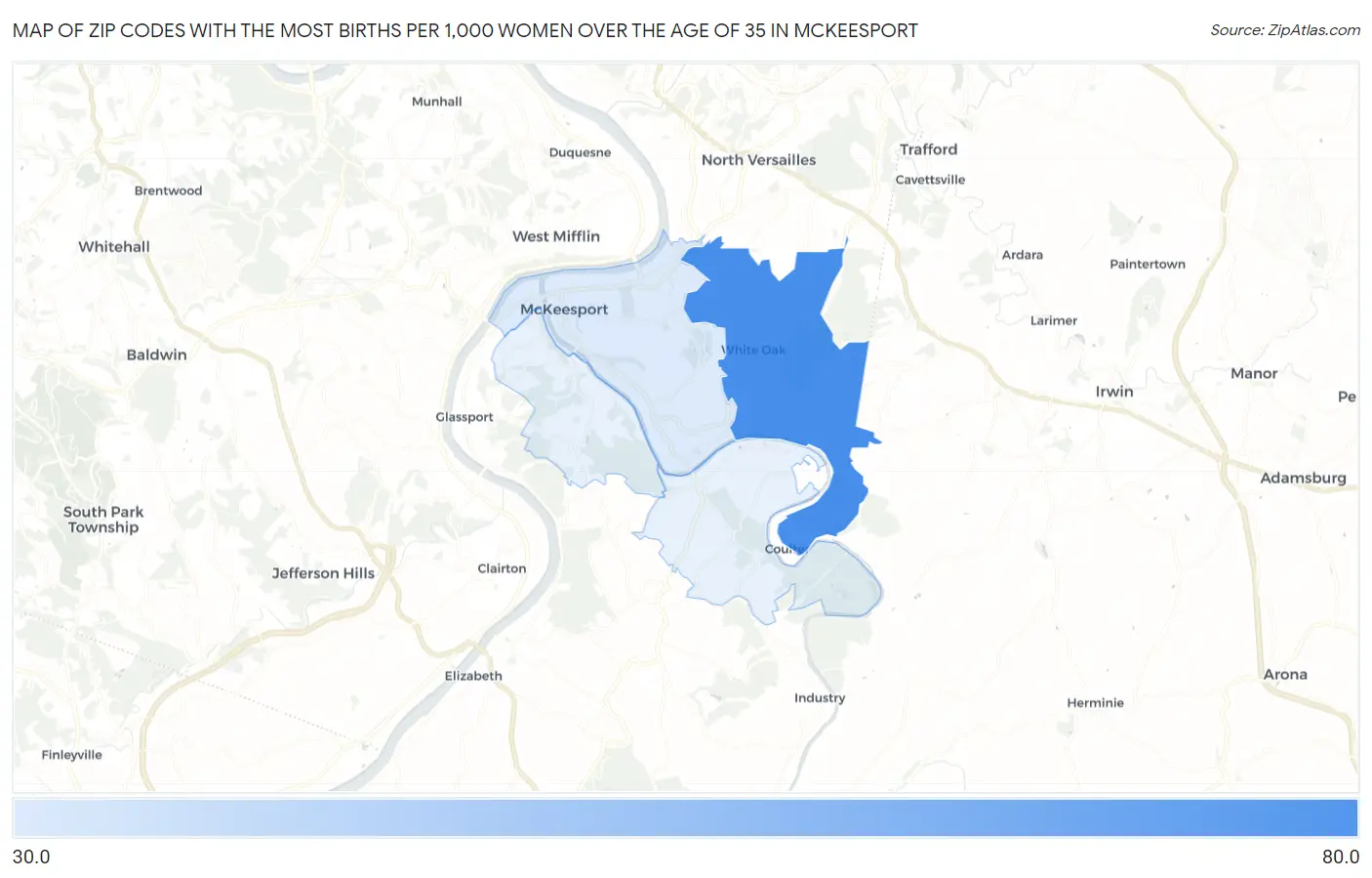 Zip Codes with the Most Births per 1,000 Women Over the Age of 35 in Mckeesport Map
