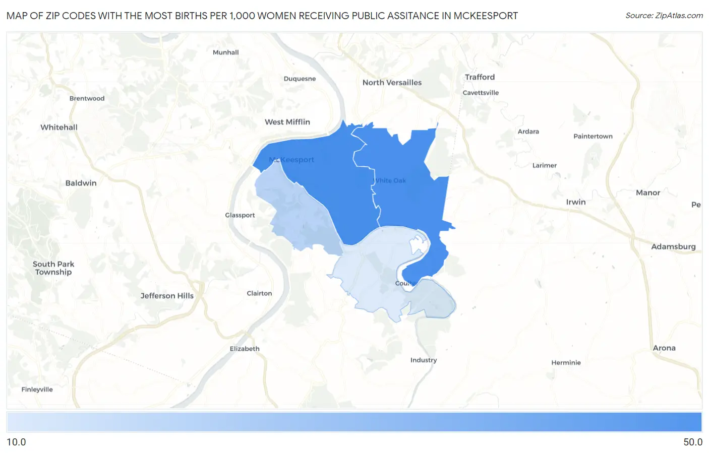 Zip Codes with the Most Births per 1,000 Women Receiving Public Assitance in Mckeesport Map
