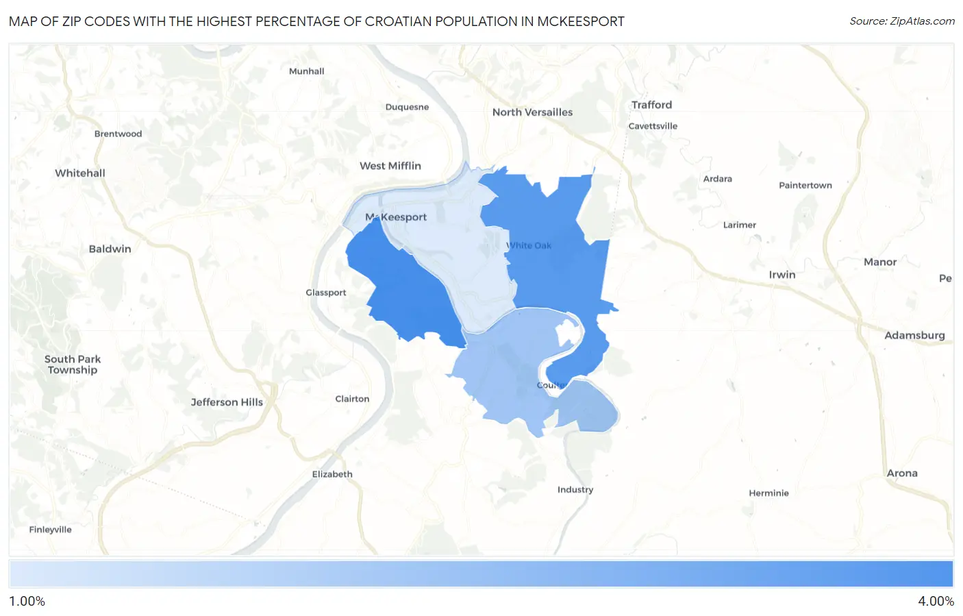 Zip Codes with the Highest Percentage of Croatian Population in Mckeesport Map