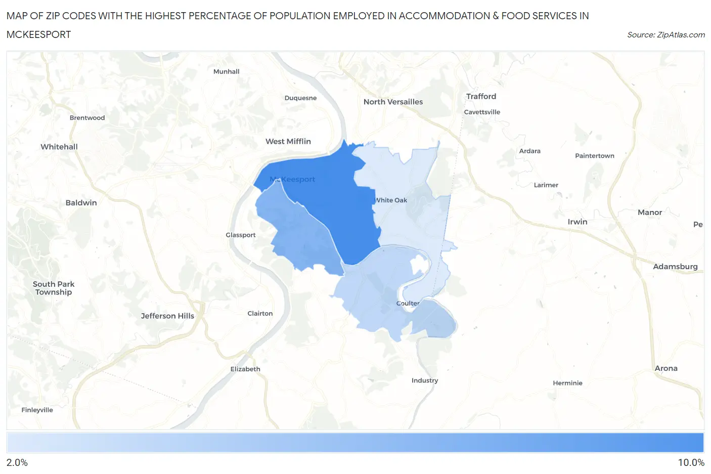 Zip Codes with the Highest Percentage of Population Employed in Accommodation & Food Services in Mckeesport Map