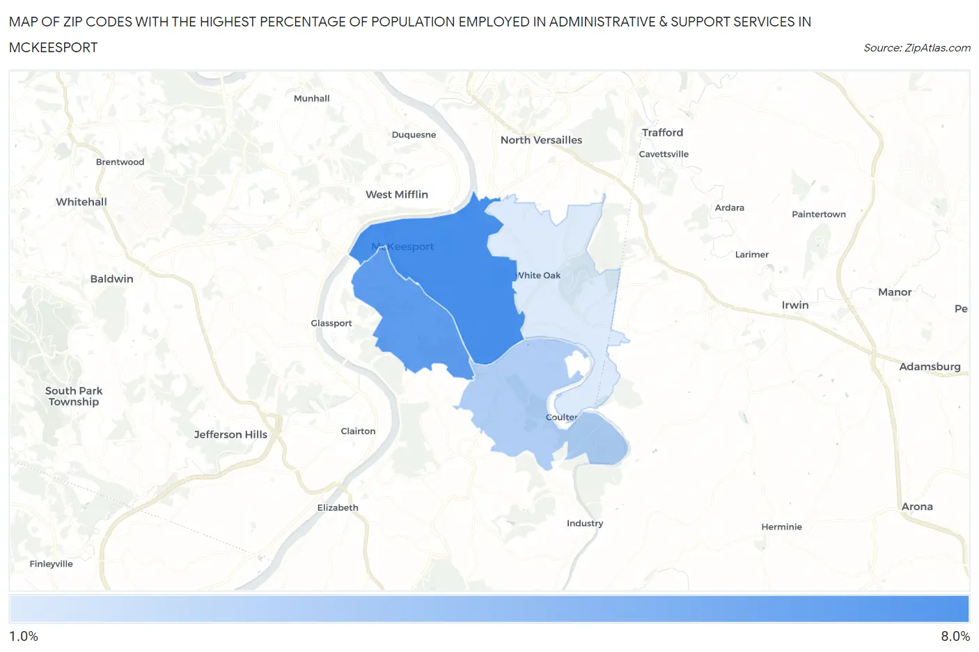 Zip Codes with the Highest Percentage of Population Employed in Administrative & Support Services in Mckeesport Map