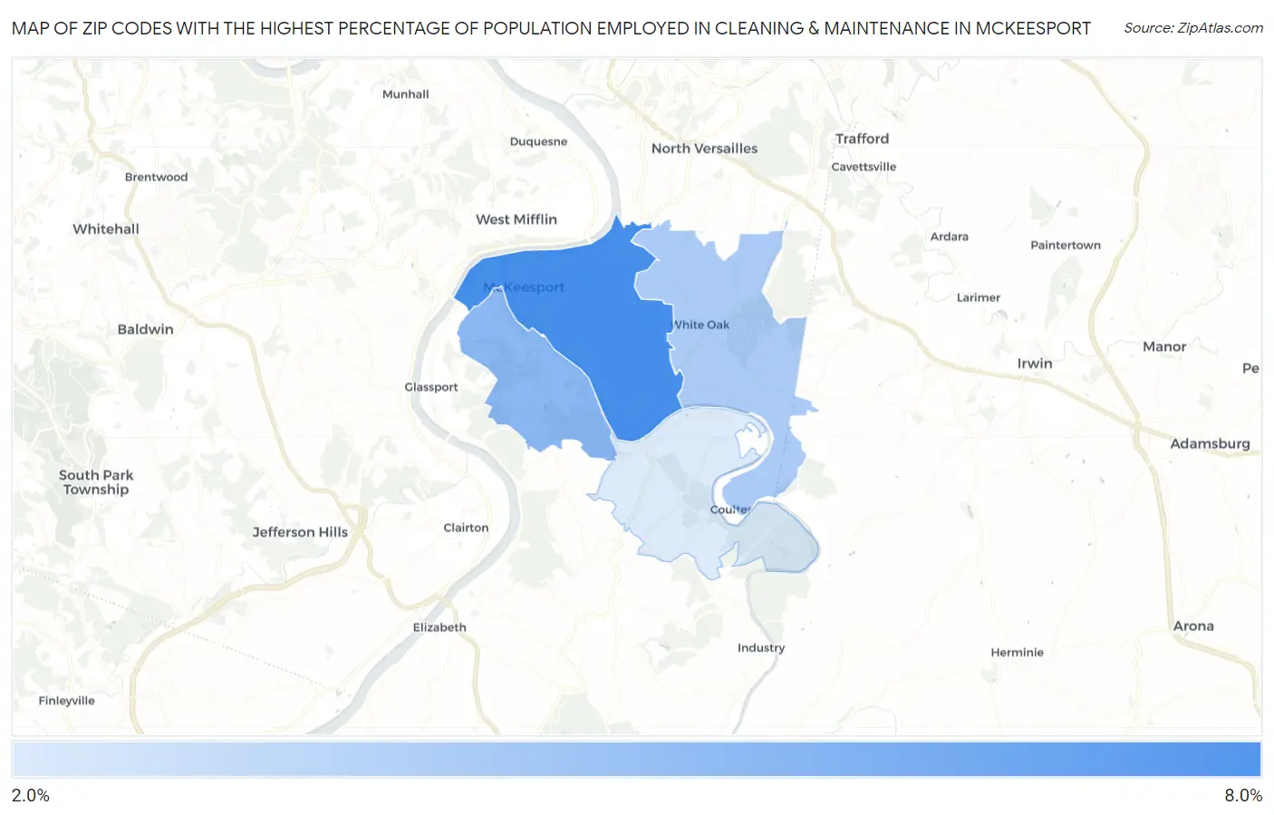 Zip Codes with the Highest Percentage of Population Employed in Cleaning & Maintenance in Mckeesport Map