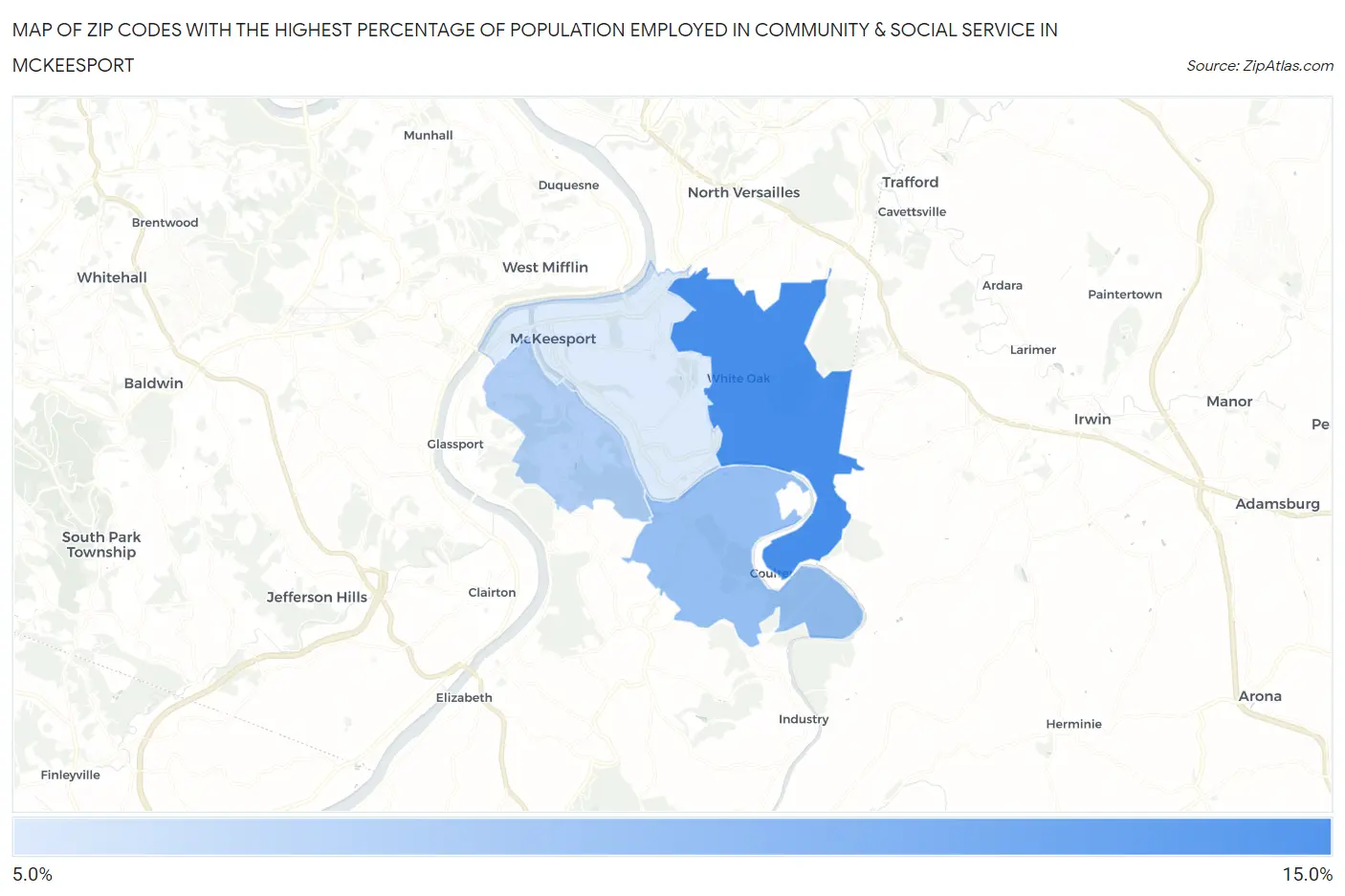 Zip Codes with the Highest Percentage of Population Employed in Community & Social Service  in Mckeesport Map