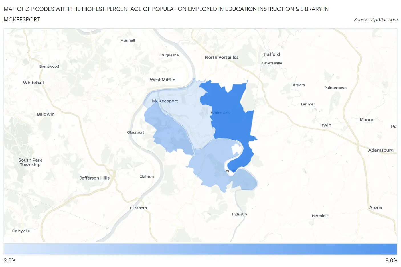 Zip Codes with the Highest Percentage of Population Employed in Education Instruction & Library in Mckeesport Map