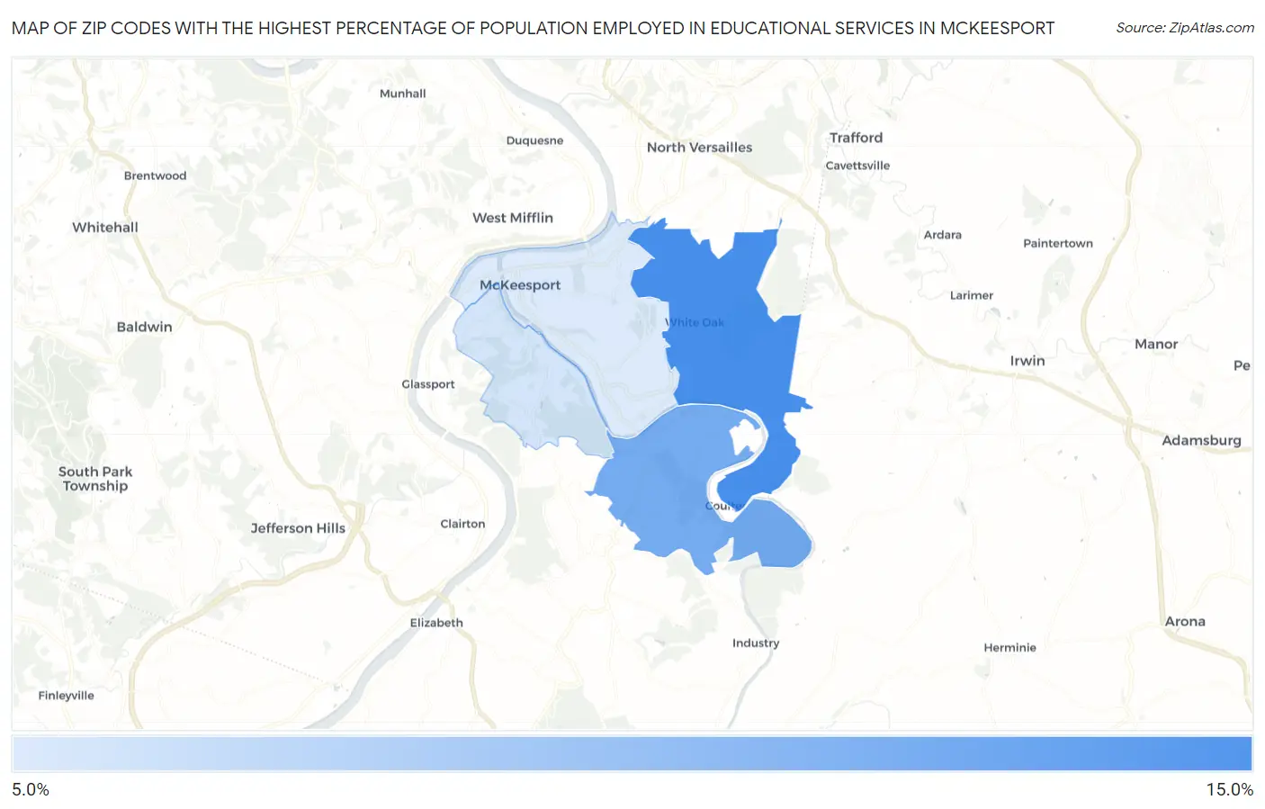 Zip Codes with the Highest Percentage of Population Employed in Educational Services in Mckeesport Map