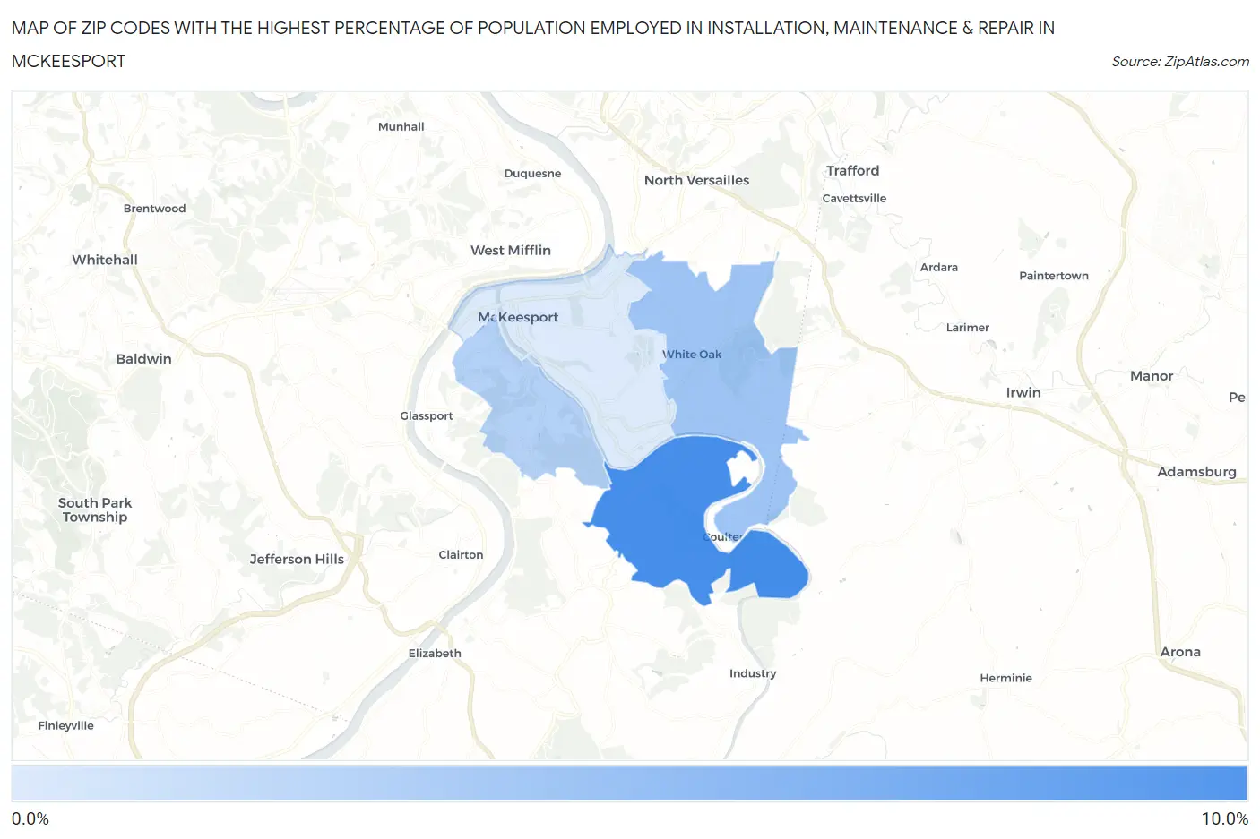 Zip Codes with the Highest Percentage of Population Employed in Installation, Maintenance & Repair in Mckeesport Map