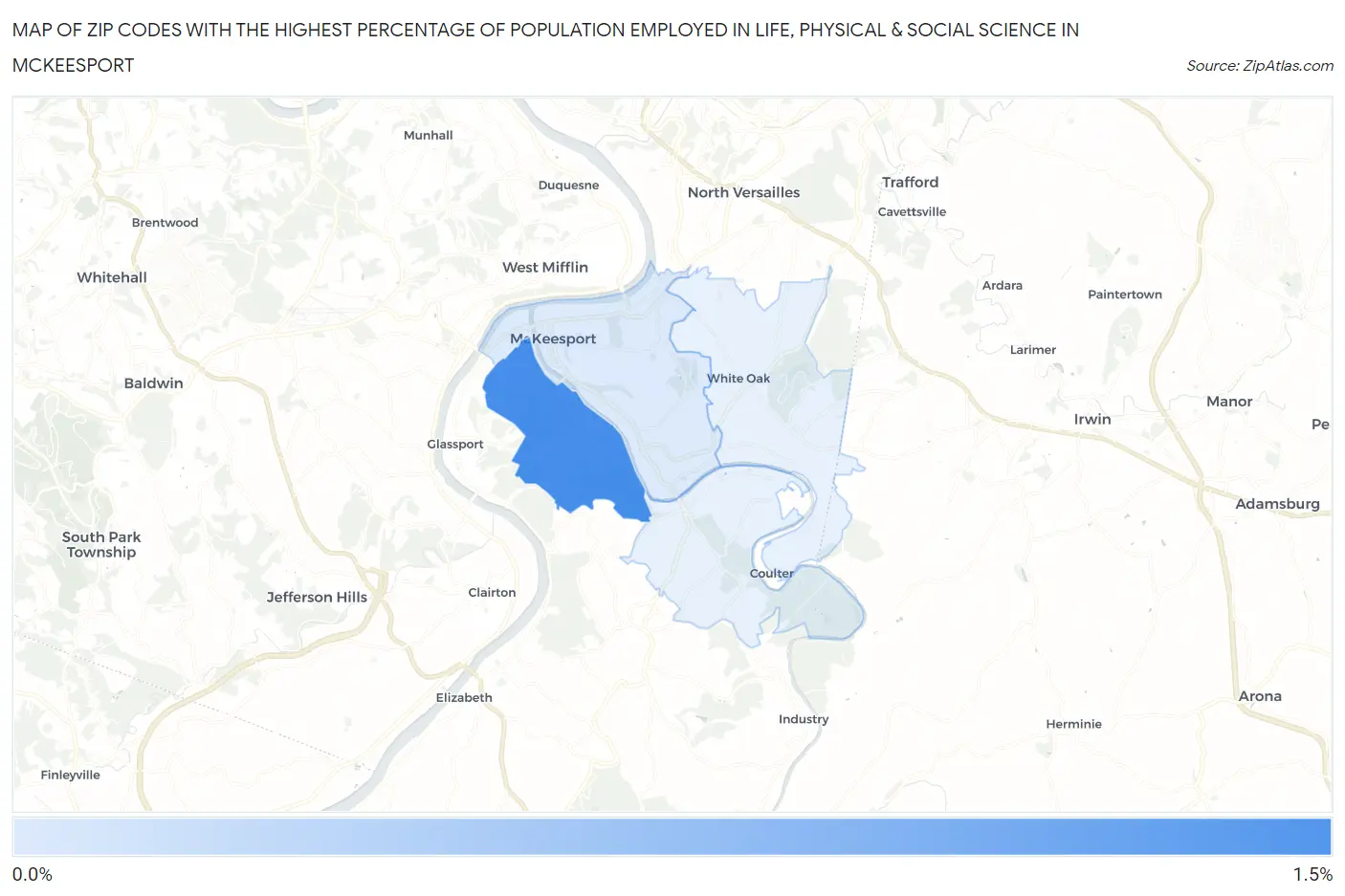 Zip Codes with the Highest Percentage of Population Employed in Life, Physical & Social Science in Mckeesport Map