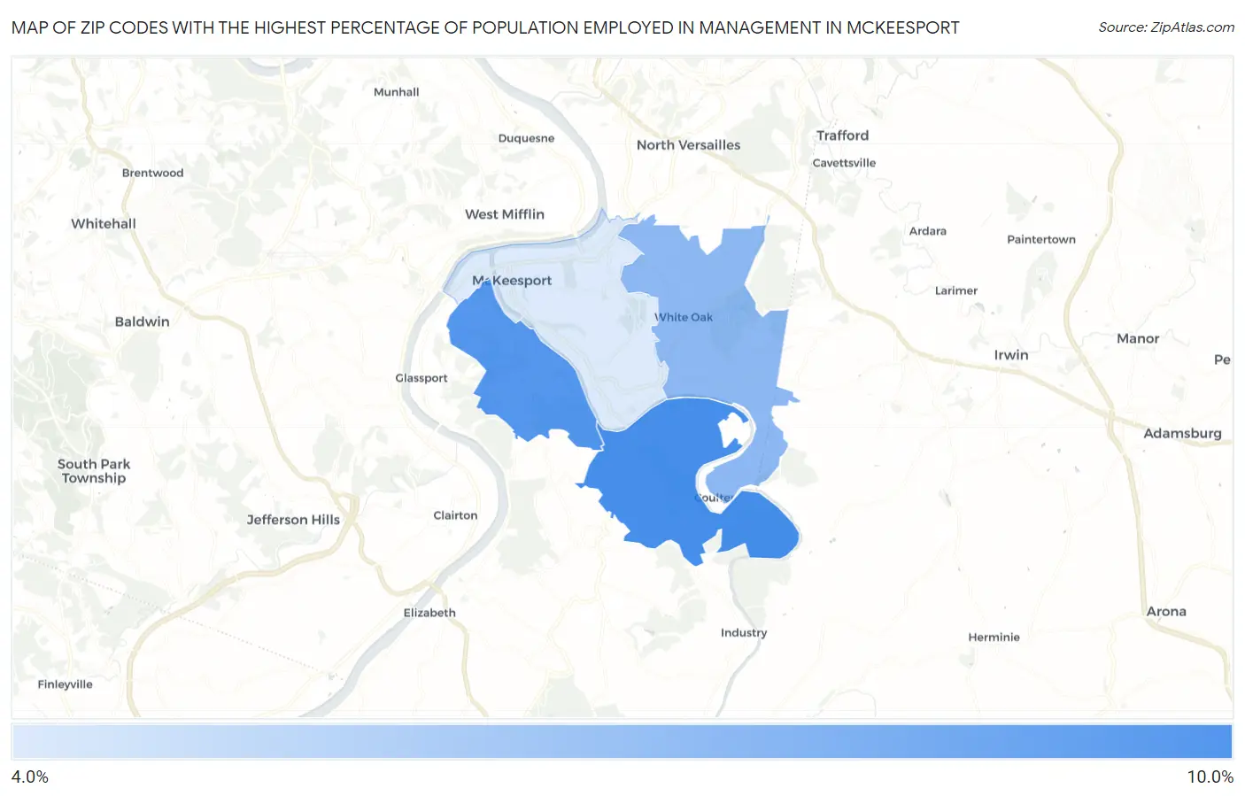 Zip Codes with the Highest Percentage of Population Employed in Management in Mckeesport Map