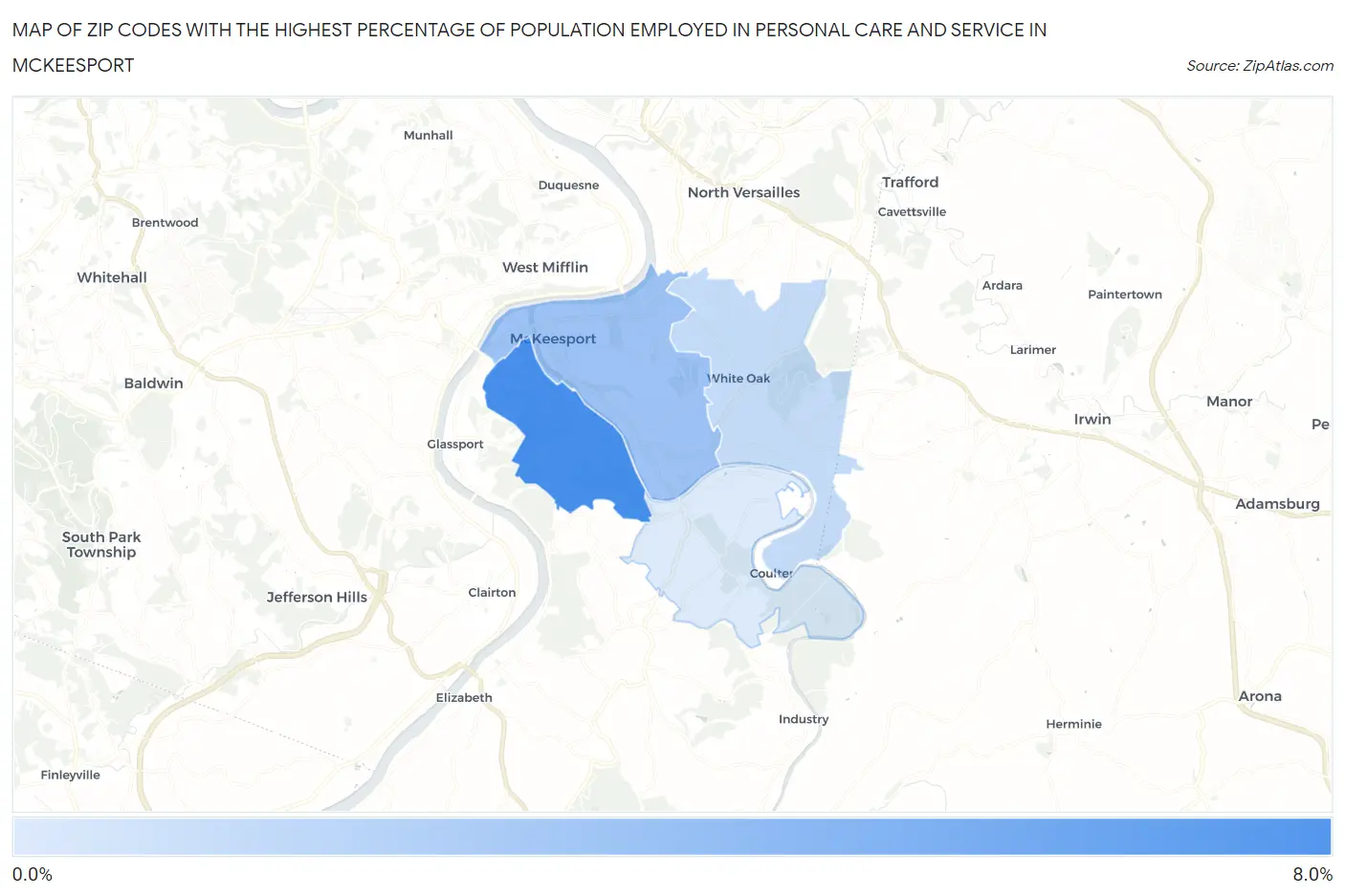 Zip Codes with the Highest Percentage of Population Employed in Personal Care and Service in Mckeesport Map