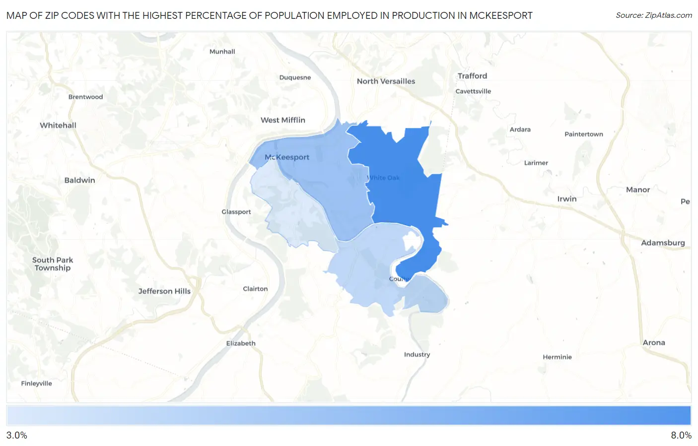 Zip Codes with the Highest Percentage of Population Employed in Production in Mckeesport Map
