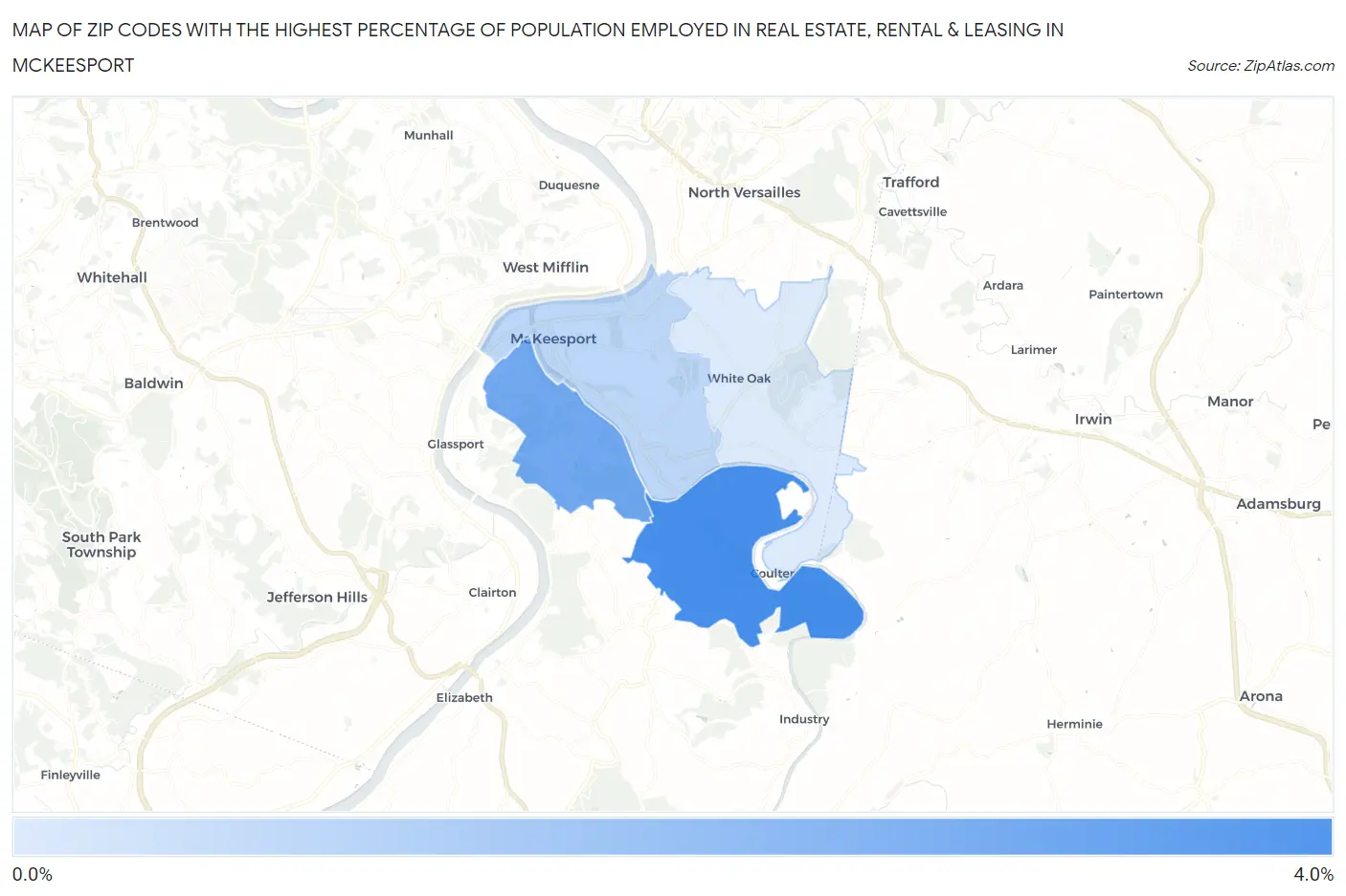 Zip Codes with the Highest Percentage of Population Employed in Real Estate, Rental & Leasing in Mckeesport Map