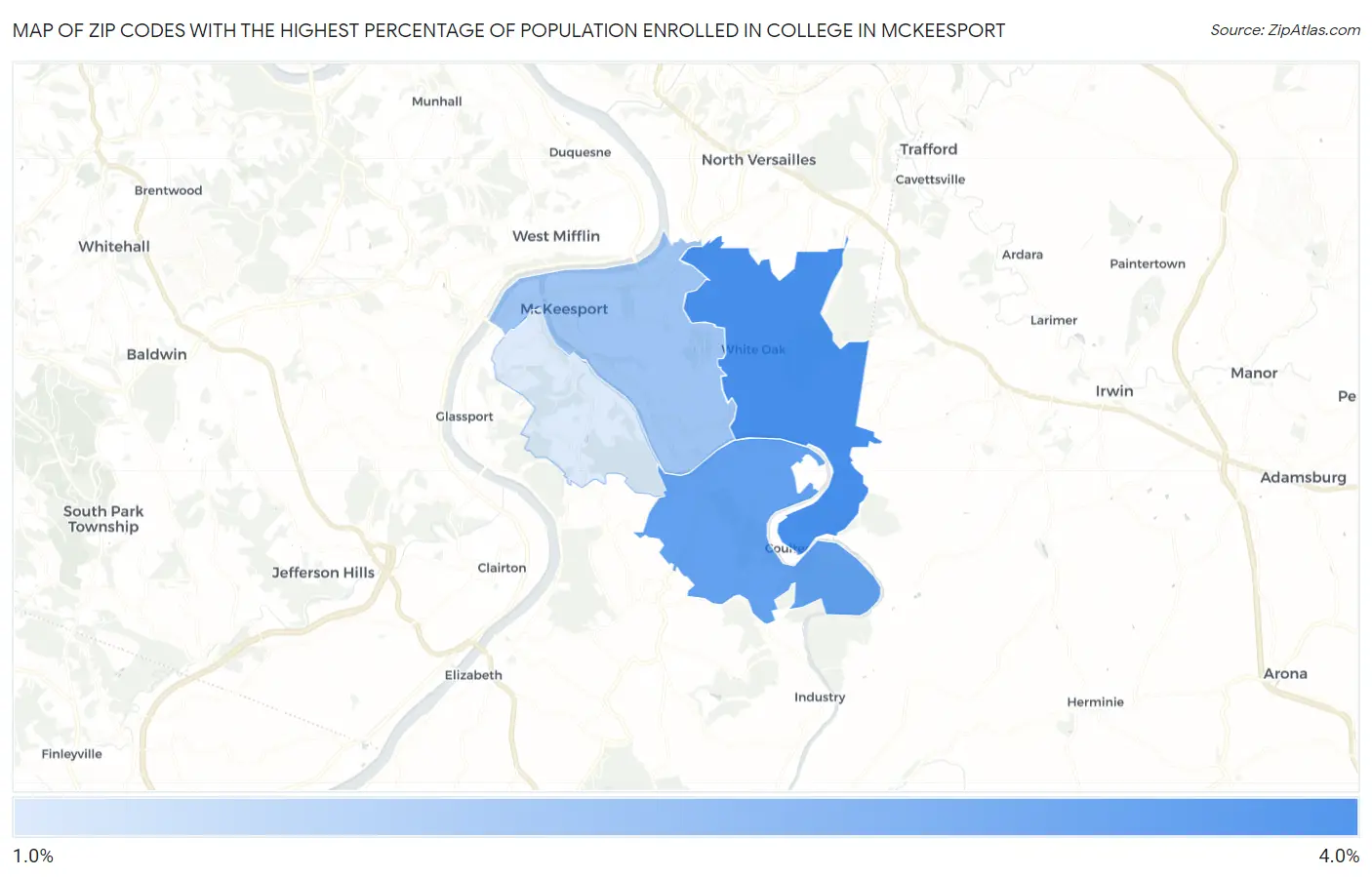 Zip Codes with the Highest Percentage of Population Enrolled in College in Mckeesport Map