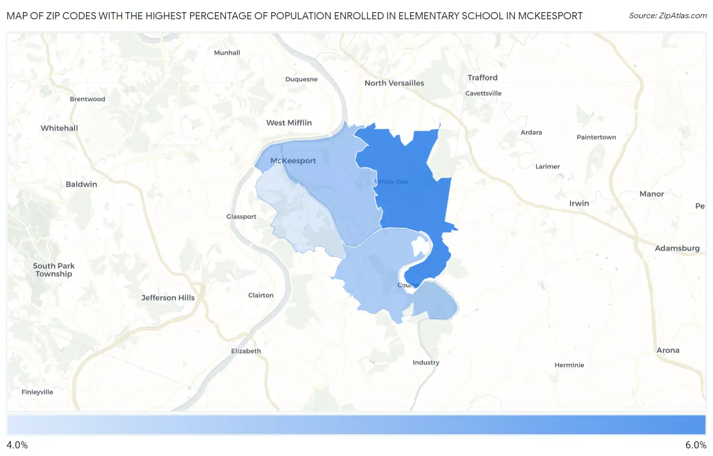 Zip Codes with the Highest Percentage of Population Enrolled in Elementary School in Mckeesport Map