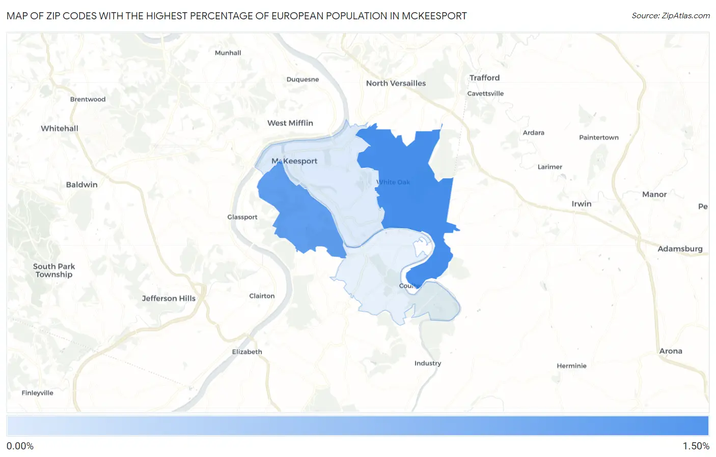 Zip Codes with the Highest Percentage of European Population in Mckeesport Map