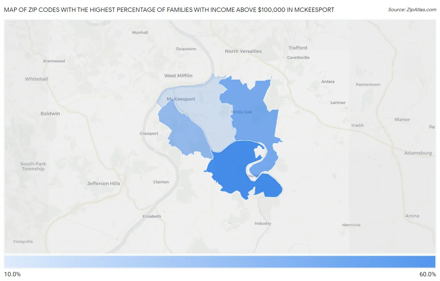 Zip Codes with the Highest Percentage of Families with Income Above $100,000 in Mckeesport Map