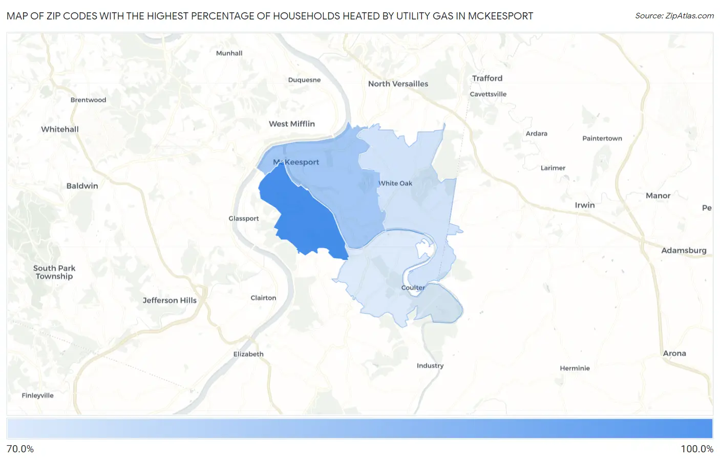 Zip Codes with the Highest Percentage of Households Heated by Utility Gas in Mckeesport Map