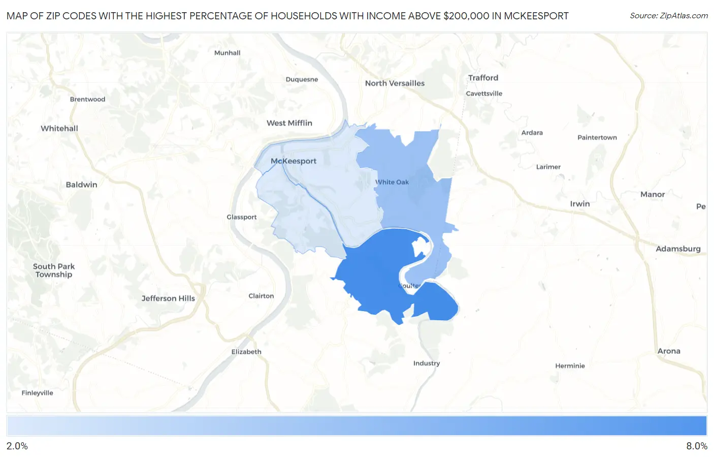 Zip Codes with the Highest Percentage of Households with Income Above $200,000 in Mckeesport Map