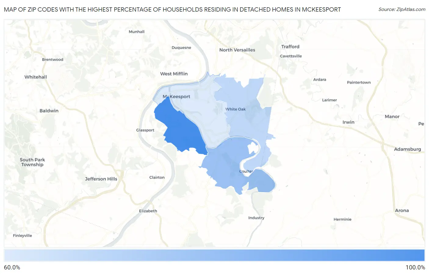 Zip Codes with the Highest Percentage of Households Residing in Detached Homes in Mckeesport Map