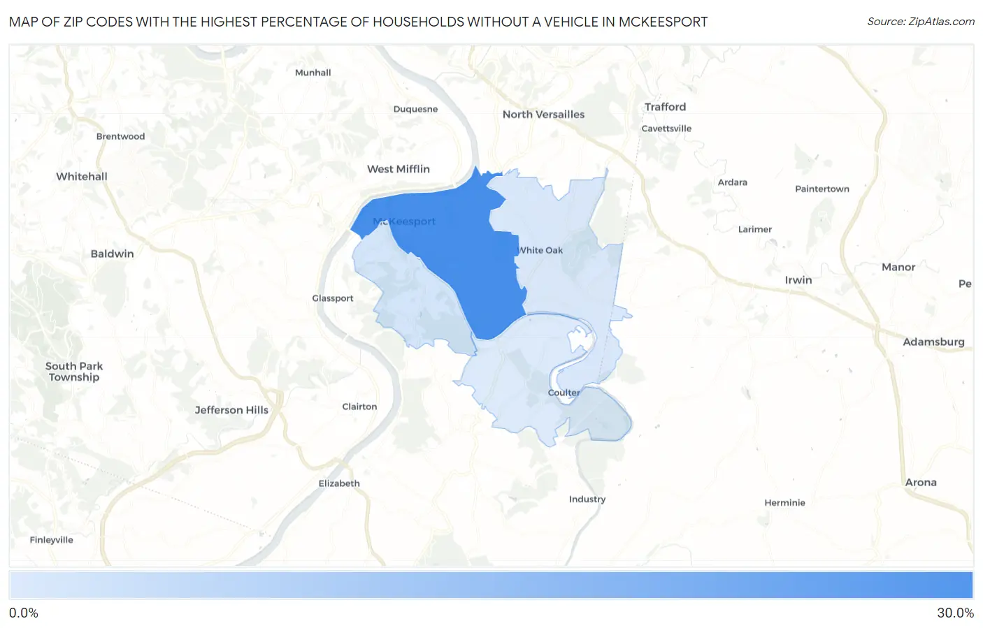 Zip Codes with the Highest Percentage of Households Without a Vehicle in Mckeesport Map