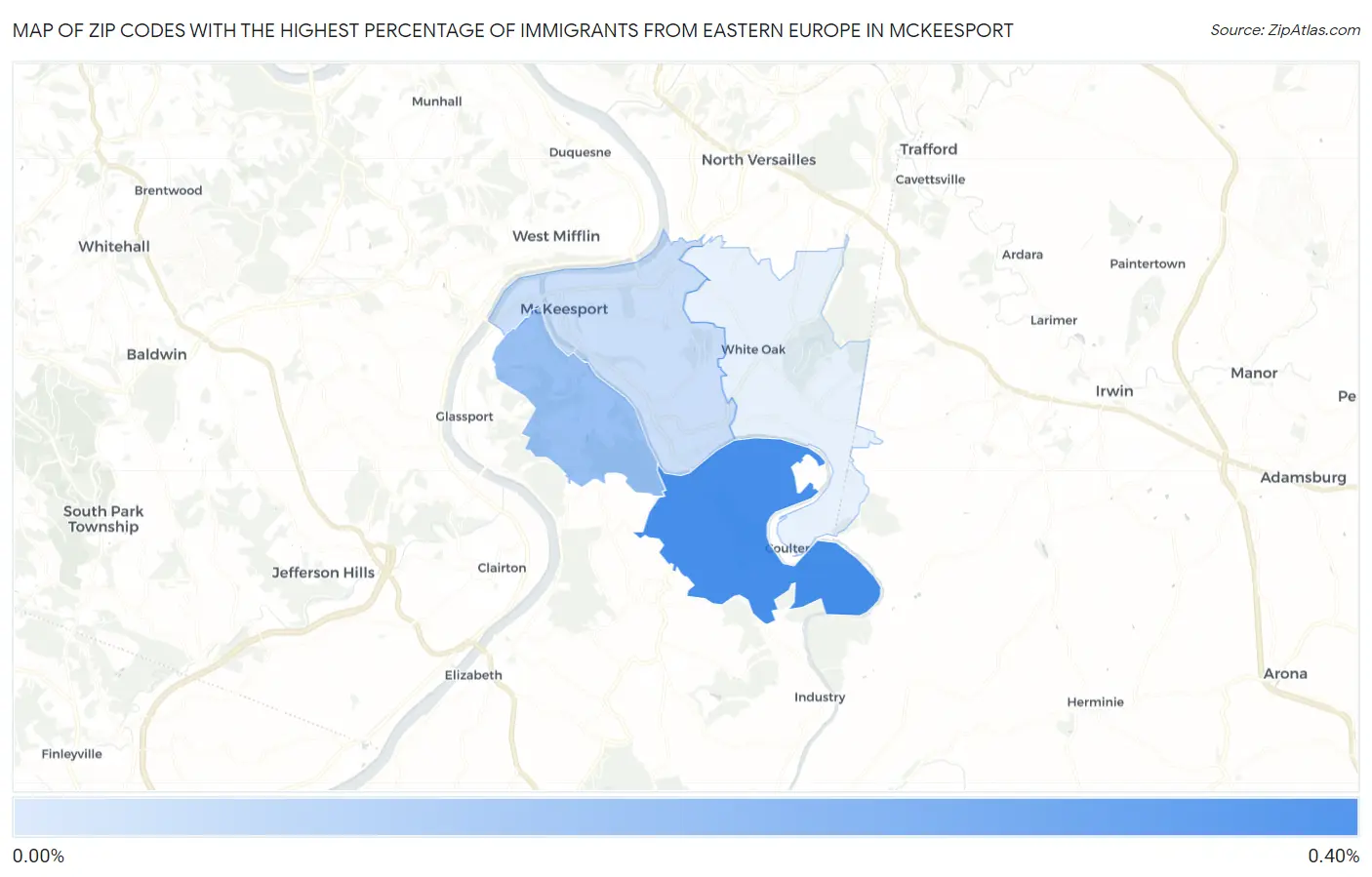 Zip Codes with the Highest Percentage of Immigrants from Eastern Europe in Mckeesport Map