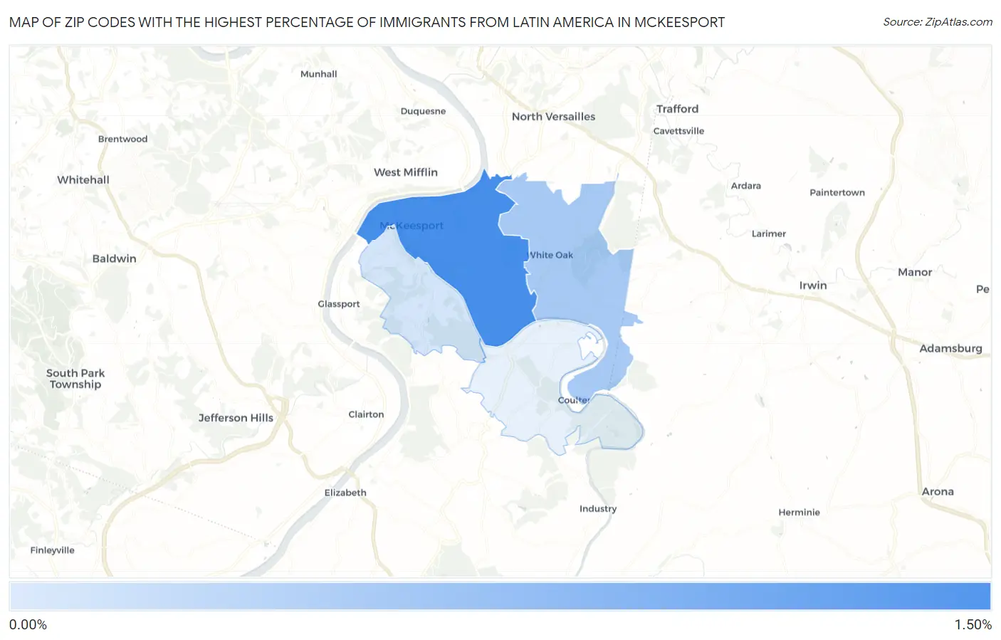Zip Codes with the Highest Percentage of Immigrants from Latin America in Mckeesport Map