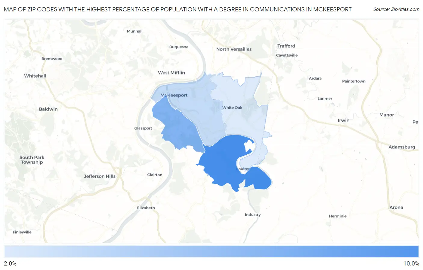 Zip Codes with the Highest Percentage of Population with a Degree in Communications in Mckeesport Map