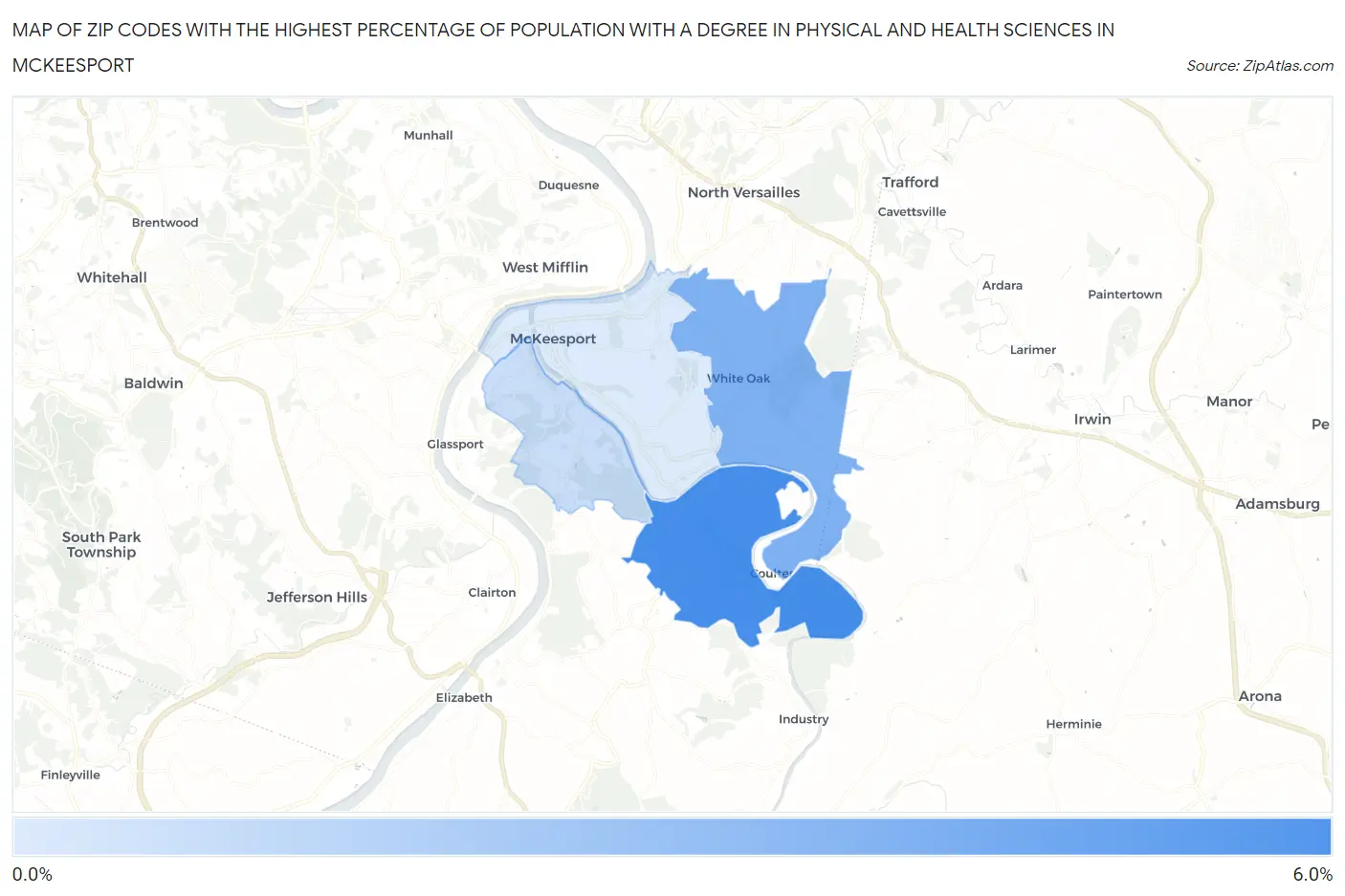 Zip Codes with the Highest Percentage of Population with a Degree in Physical and Health Sciences in Mckeesport Map