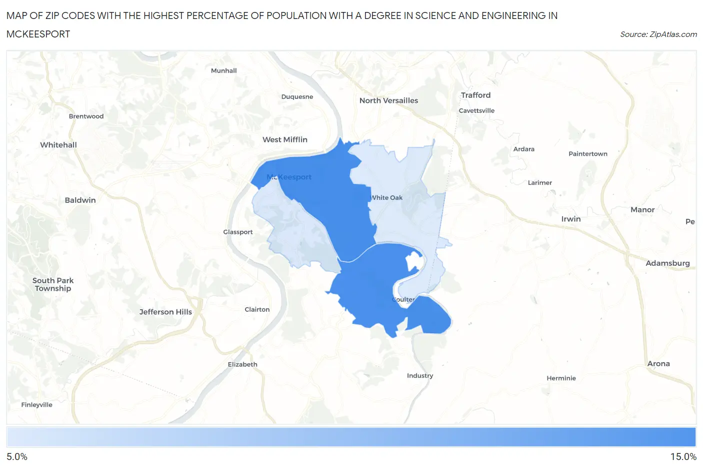 Zip Codes with the Highest Percentage of Population with a Degree in Science and Engineering in Mckeesport Map