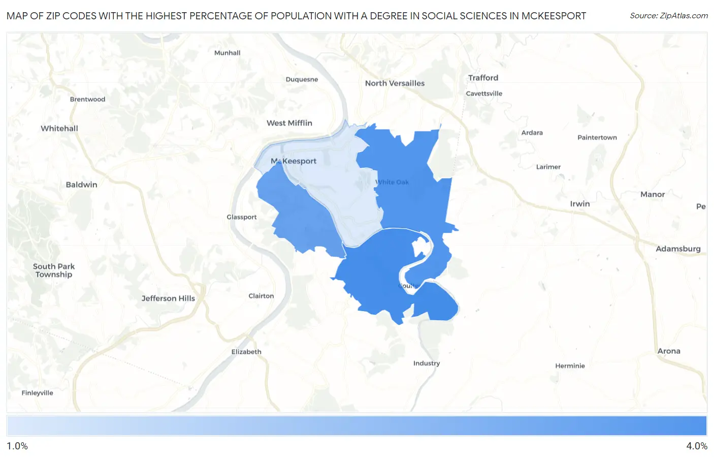 Zip Codes with the Highest Percentage of Population with a Degree in Social Sciences in Mckeesport Map