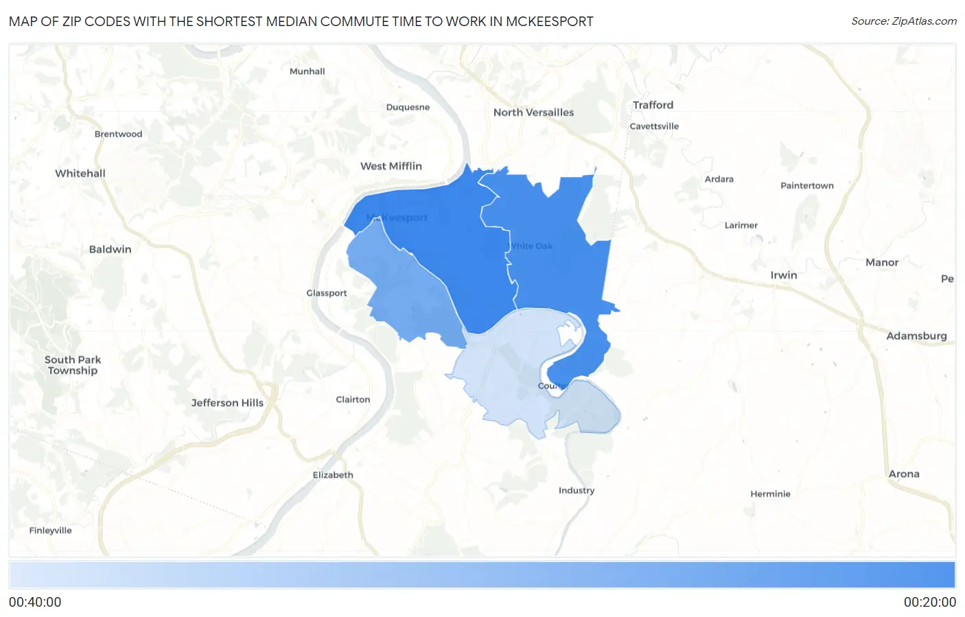 Zip Codes with the Shortest Median Commute Time to Work in Mckeesport Map