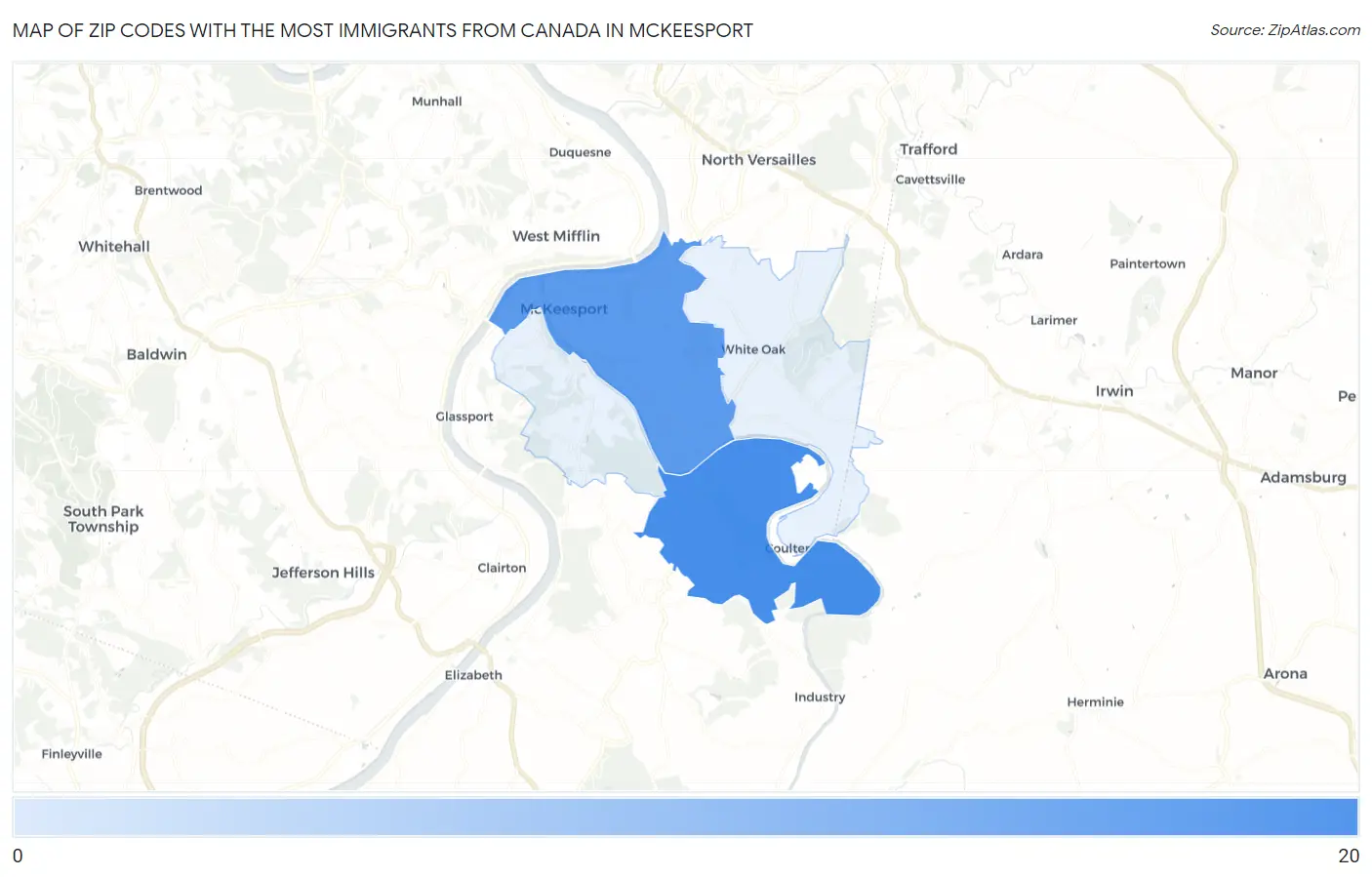 Zip Codes with the Most Immigrants from Canada in Mckeesport Map