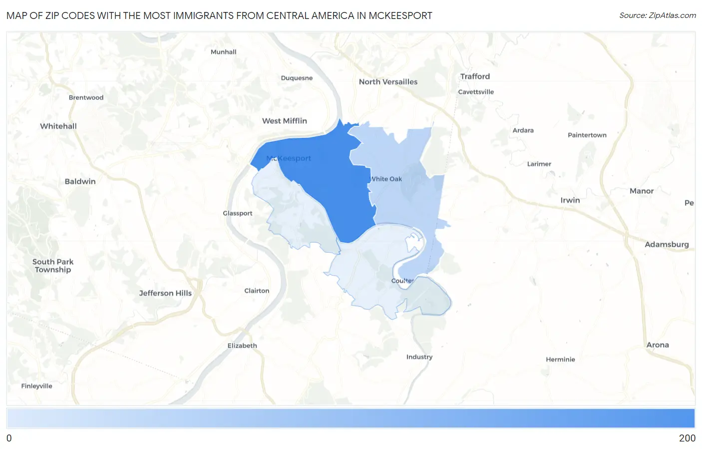 Zip Codes with the Most Immigrants from Central America in Mckeesport Map