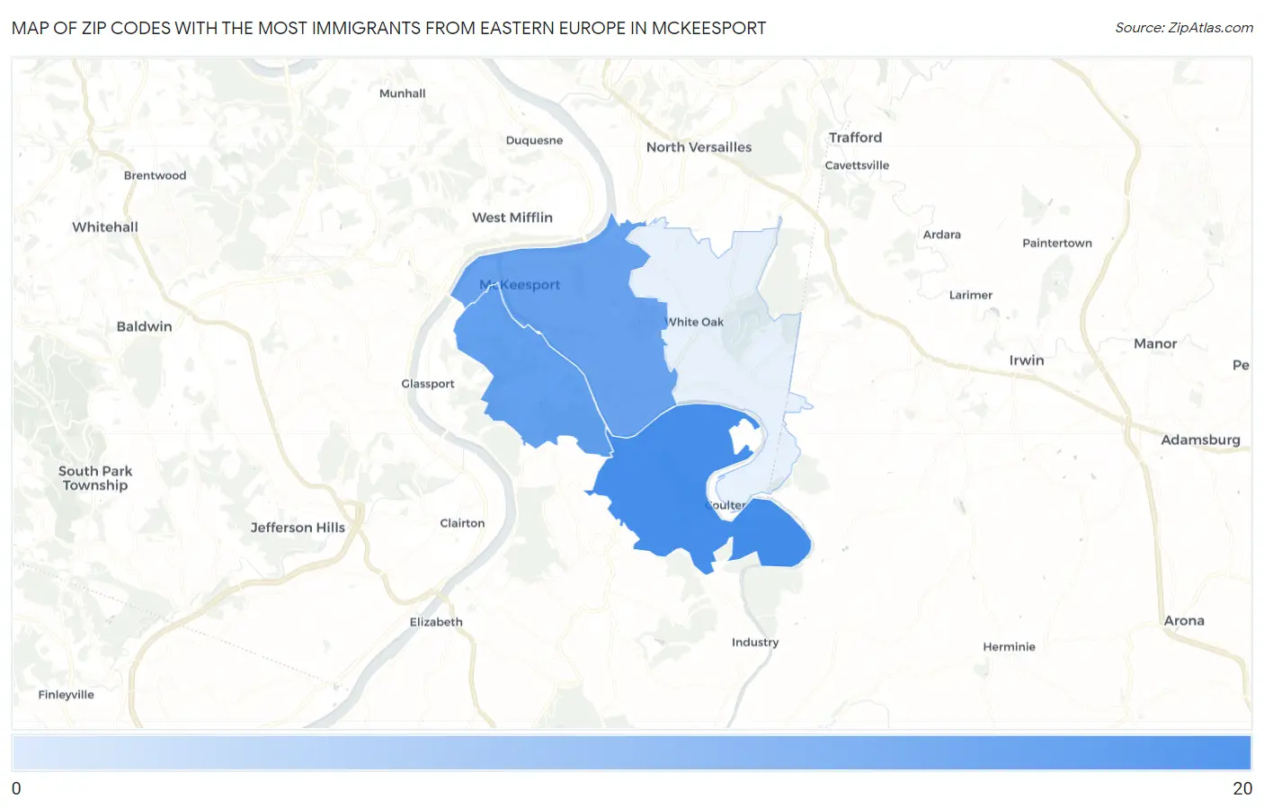 Zip Codes with the Most Immigrants from Eastern Europe in Mckeesport Map