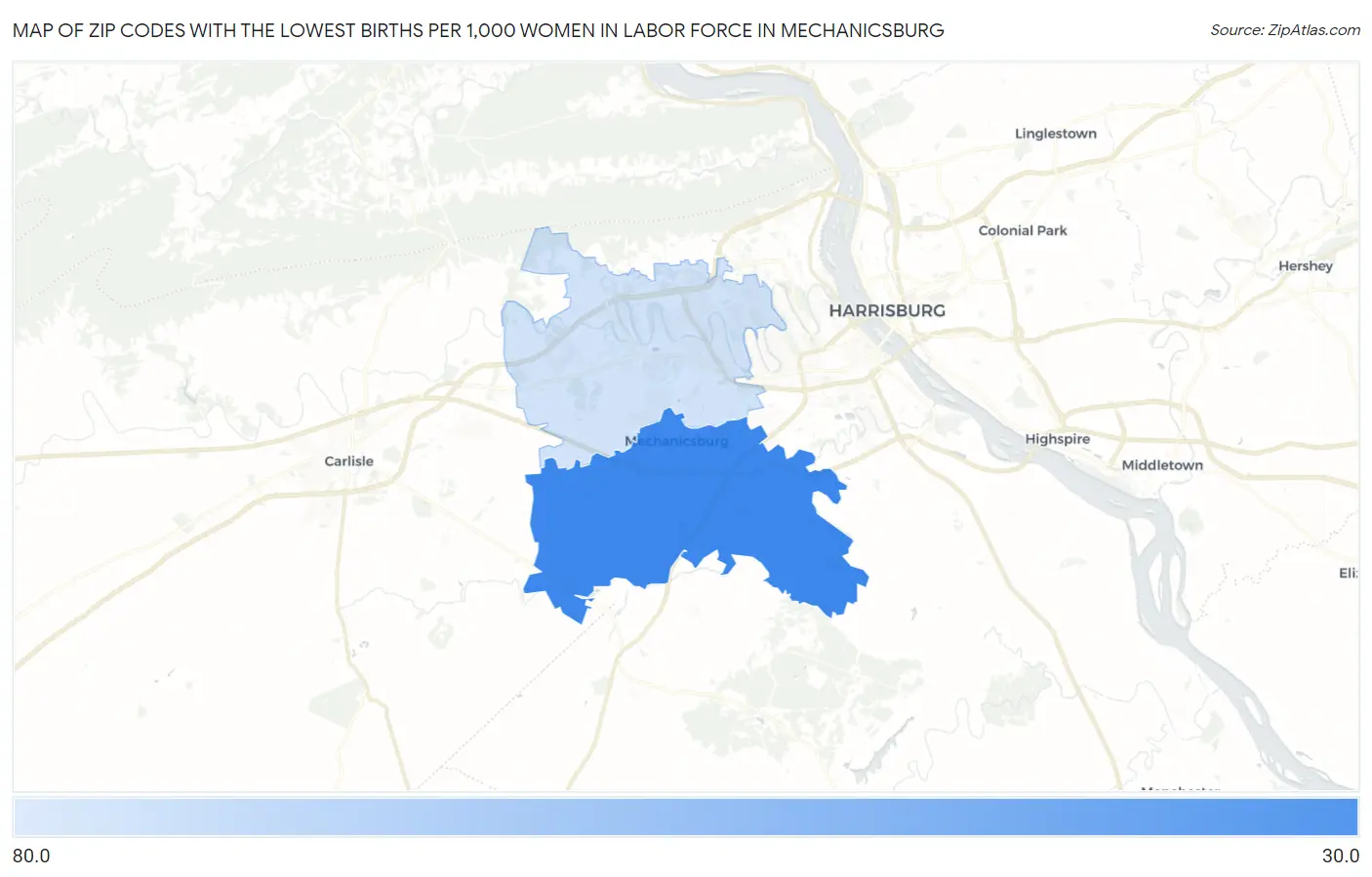 Zip Codes with the Lowest Births per 1,000 Women in Labor Force in Mechanicsburg Map