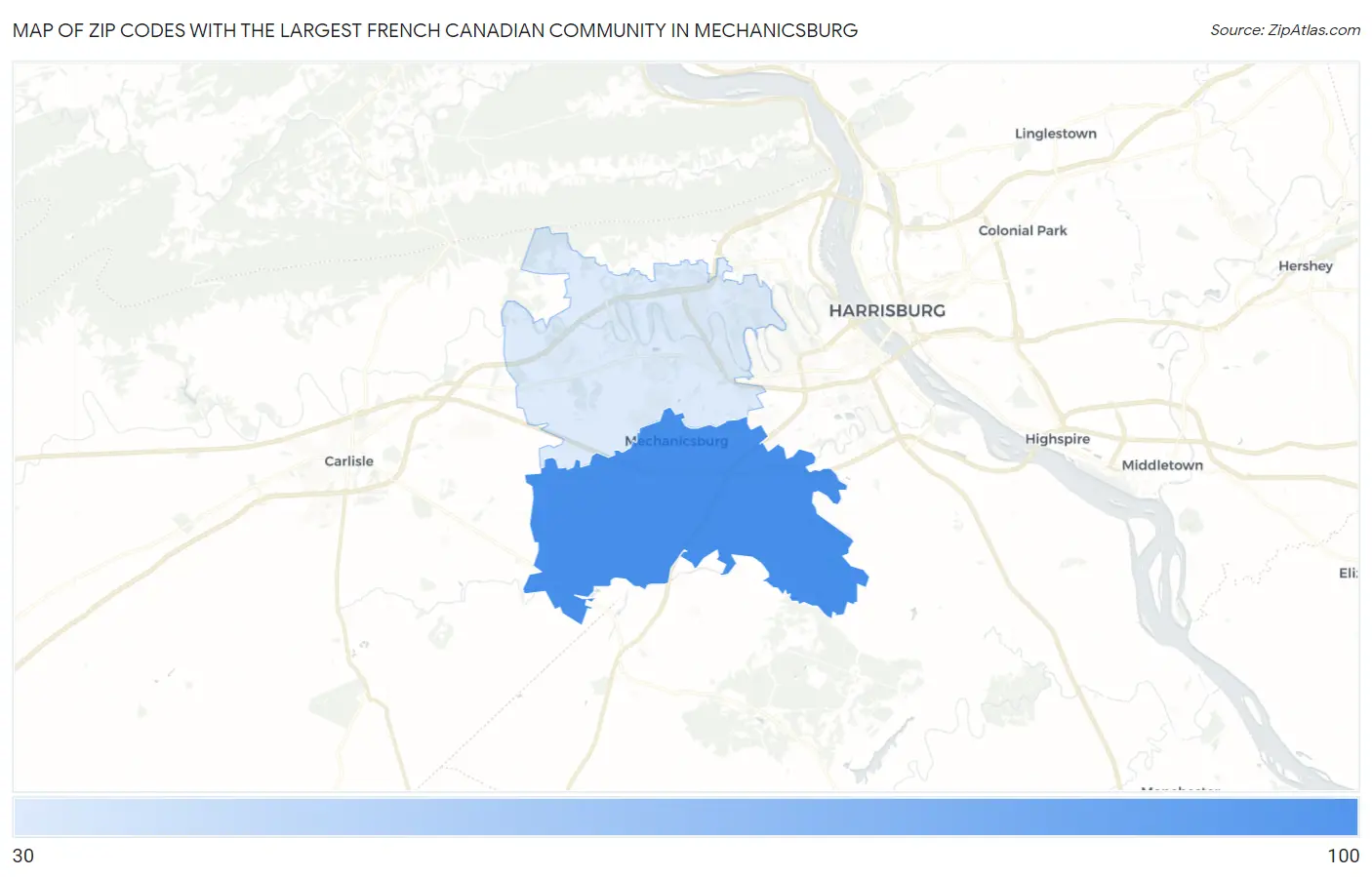 Zip Codes with the Largest French Canadian Community in Mechanicsburg Map