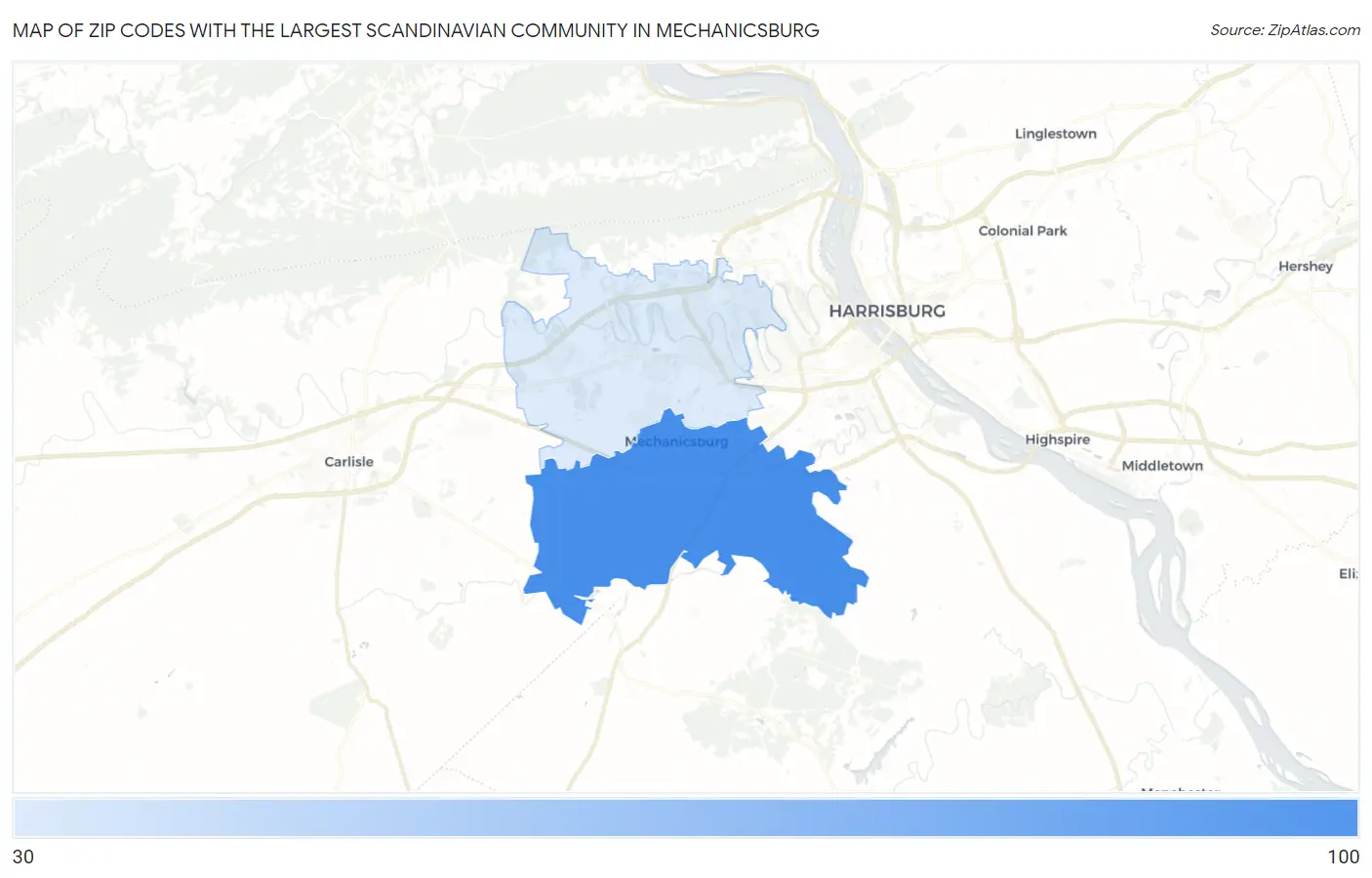 Zip Codes with the Largest Scandinavian Community in Mechanicsburg Map