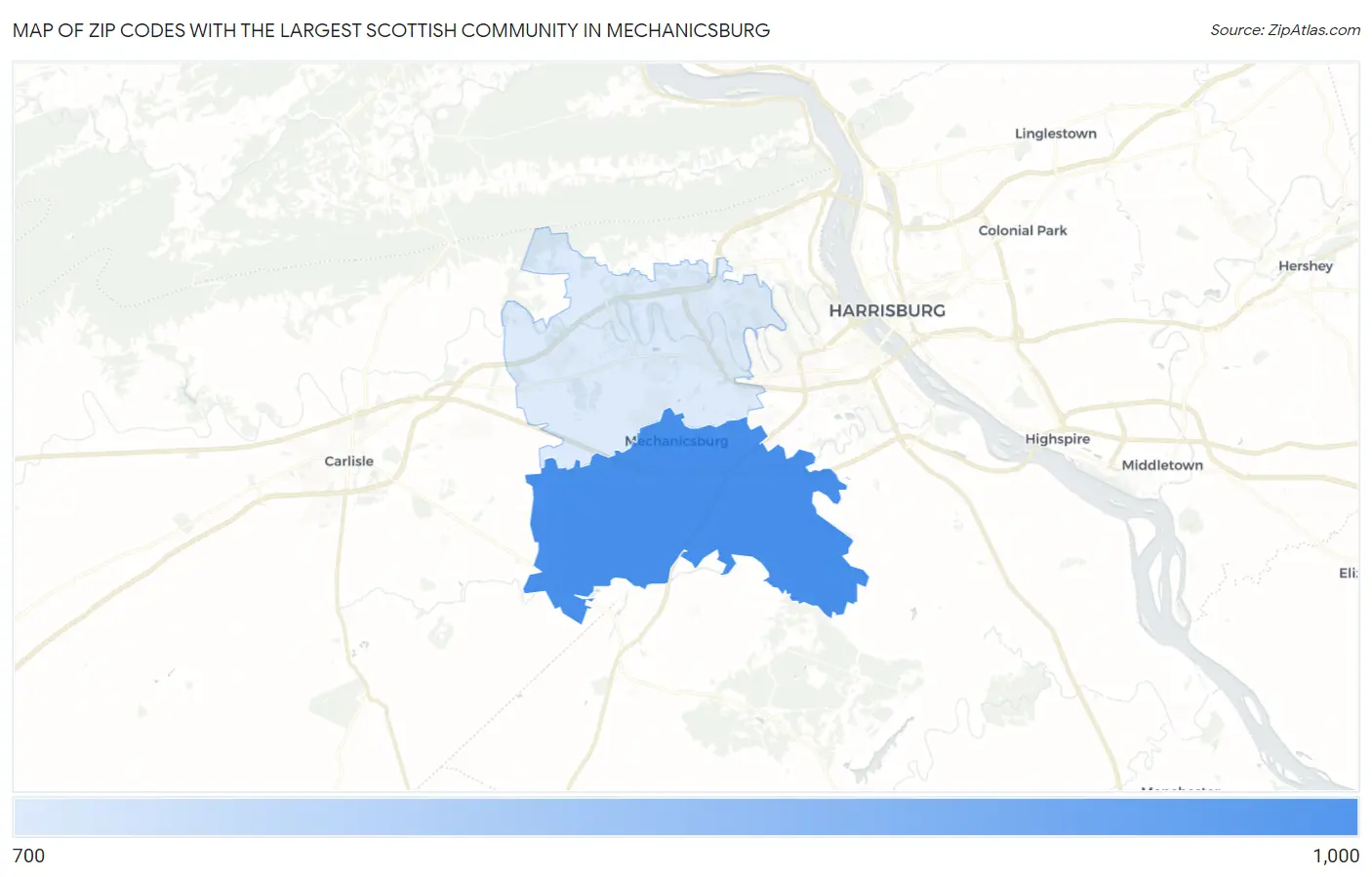 Zip Codes with the Largest Scottish Community in Mechanicsburg Map