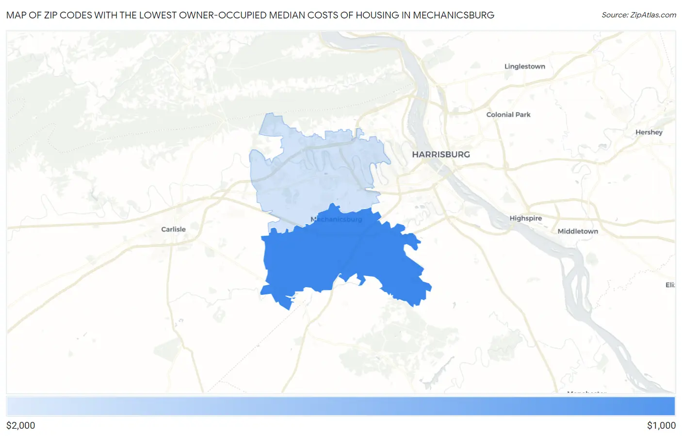 Zip Codes with the Lowest Owner-Occupied Median Costs of Housing in Mechanicsburg Map
