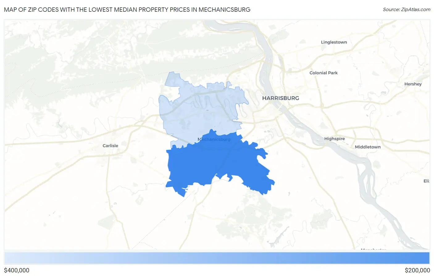 Zip Codes with the Lowest Median Property Prices in Mechanicsburg Map