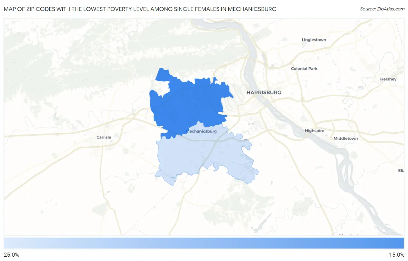 Zip Codes with the Lowest Poverty Level Among Single Females in Mechanicsburg Map