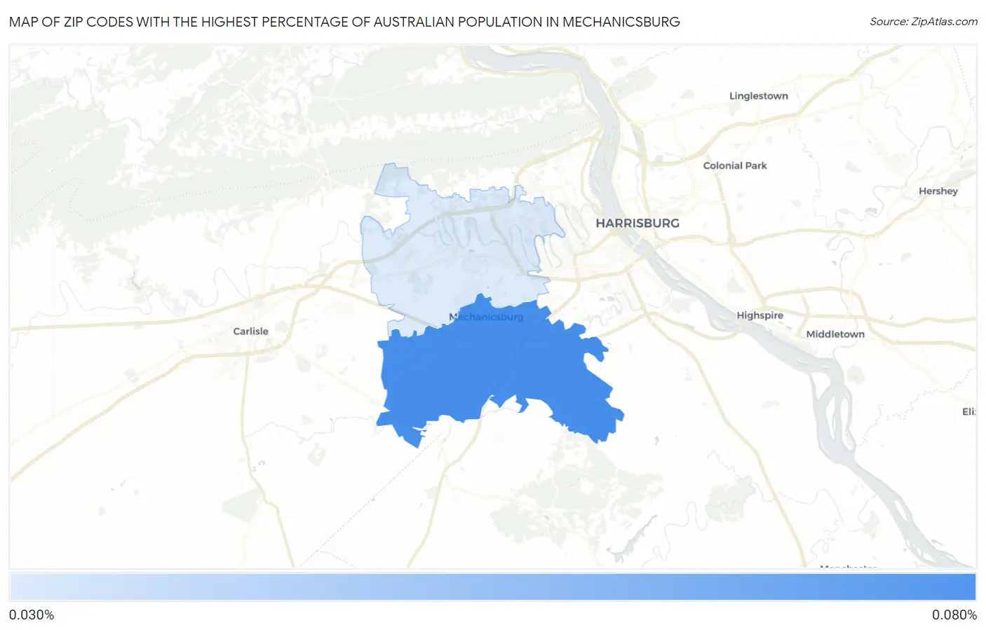 Zip Codes with the Highest Percentage of Australian Population in Mechanicsburg Map