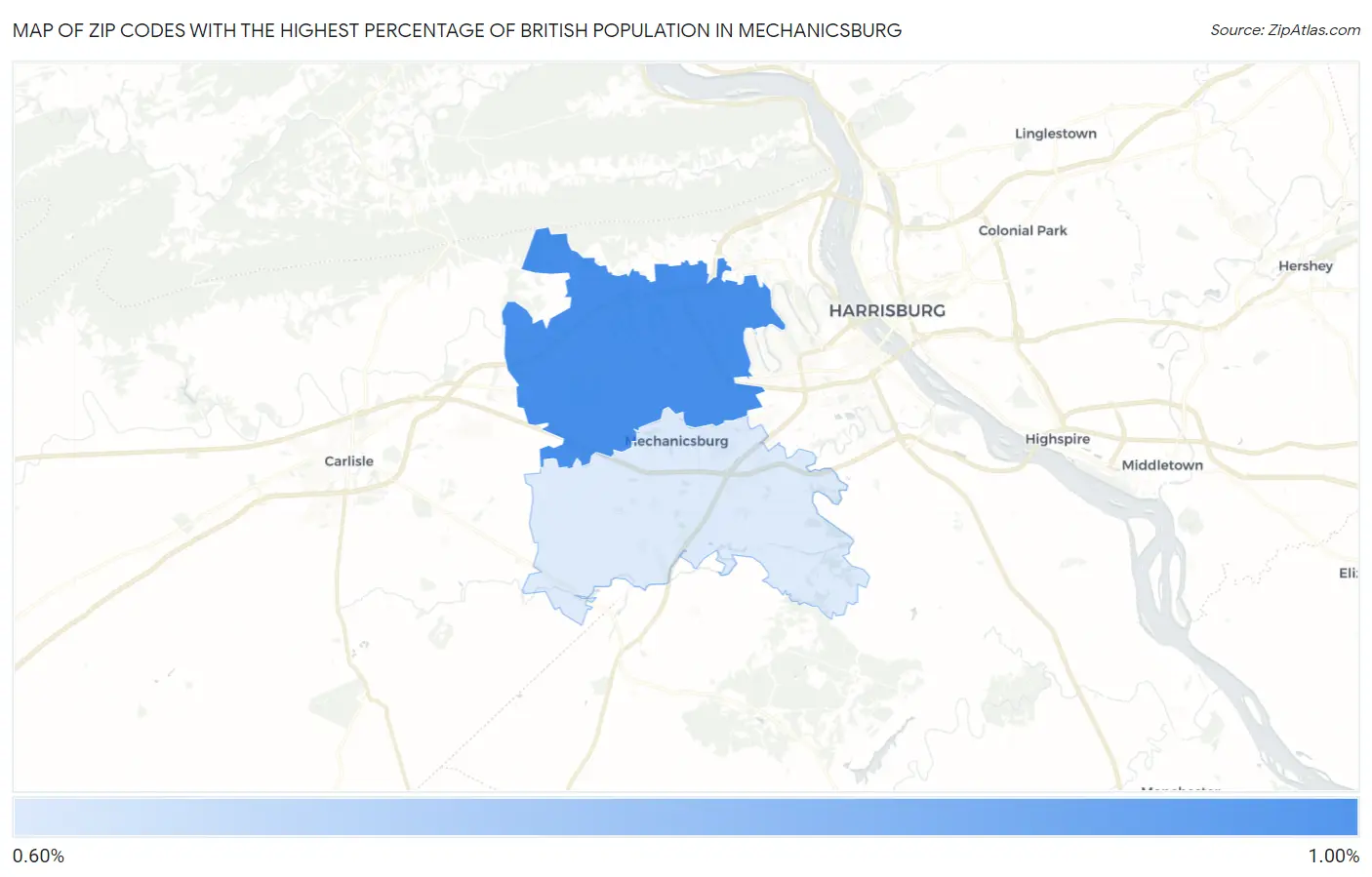 Zip Codes with the Highest Percentage of British Population in Mechanicsburg Map