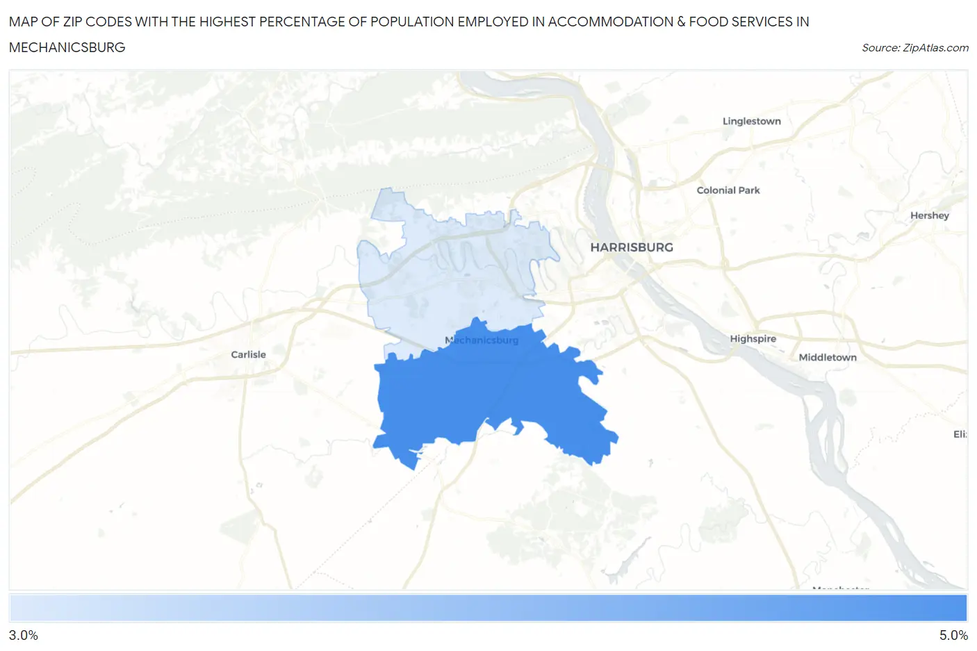 Zip Codes with the Highest Percentage of Population Employed in Accommodation & Food Services in Mechanicsburg Map