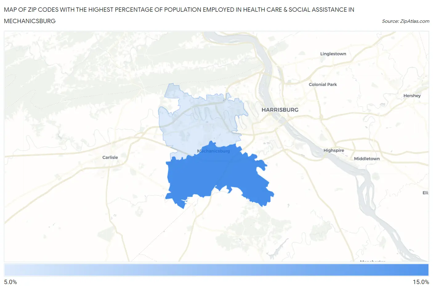 Zip Codes with the Highest Percentage of Population Employed in Health Care & Social Assistance in Mechanicsburg Map