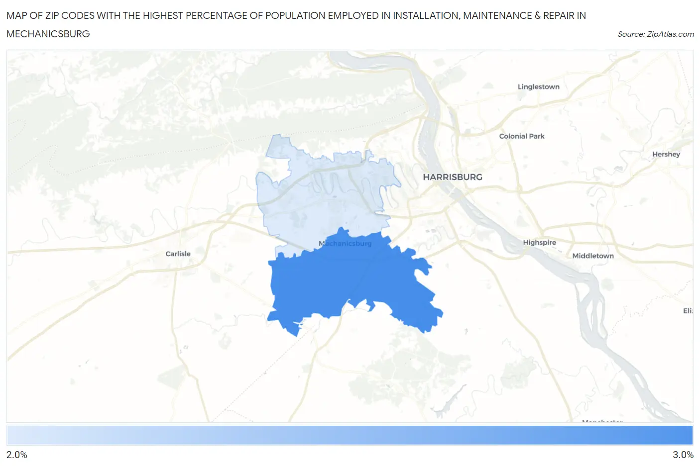Zip Codes with the Highest Percentage of Population Employed in Installation, Maintenance & Repair in Mechanicsburg Map