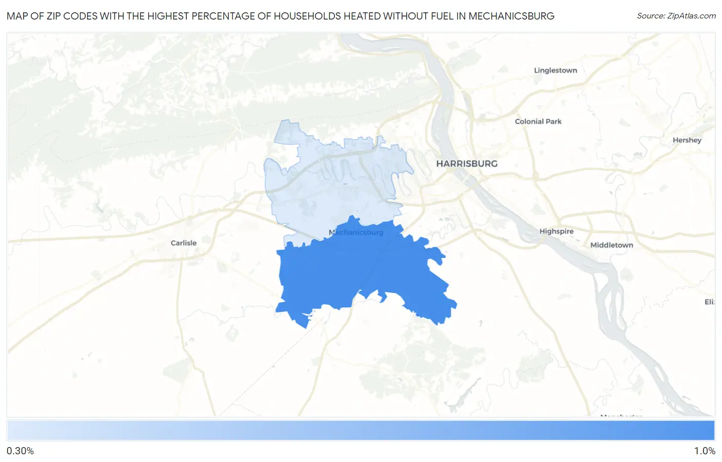 Zip Codes with the Highest Percentage of Households Heated without Fuel in Mechanicsburg Map