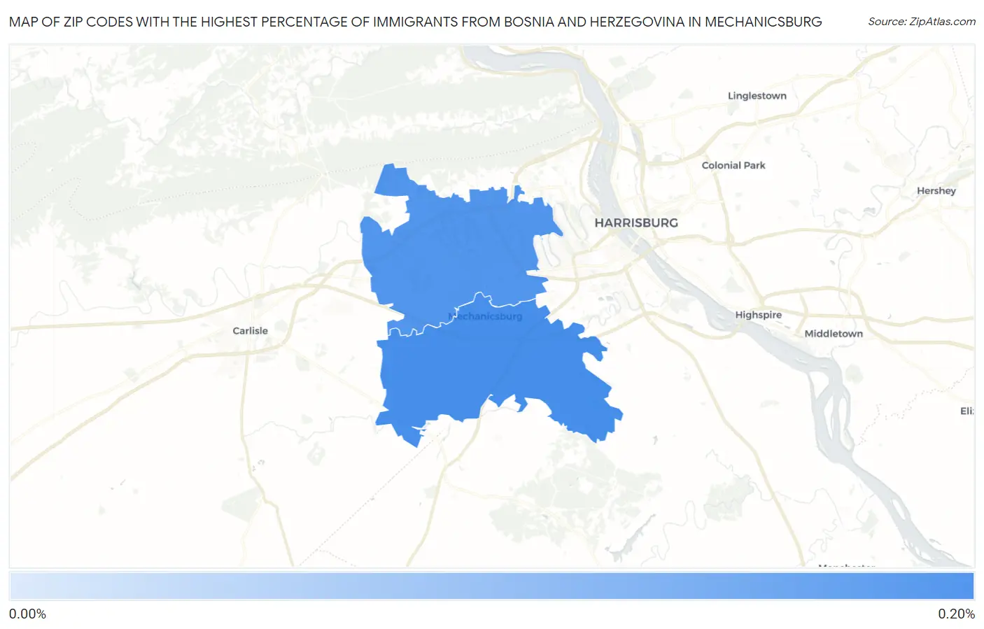 Zip Codes with the Highest Percentage of Immigrants from Bosnia and Herzegovina in Mechanicsburg Map
