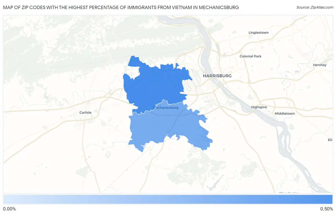 Zip Codes with the Highest Percentage of Immigrants from Vietnam in Mechanicsburg Map